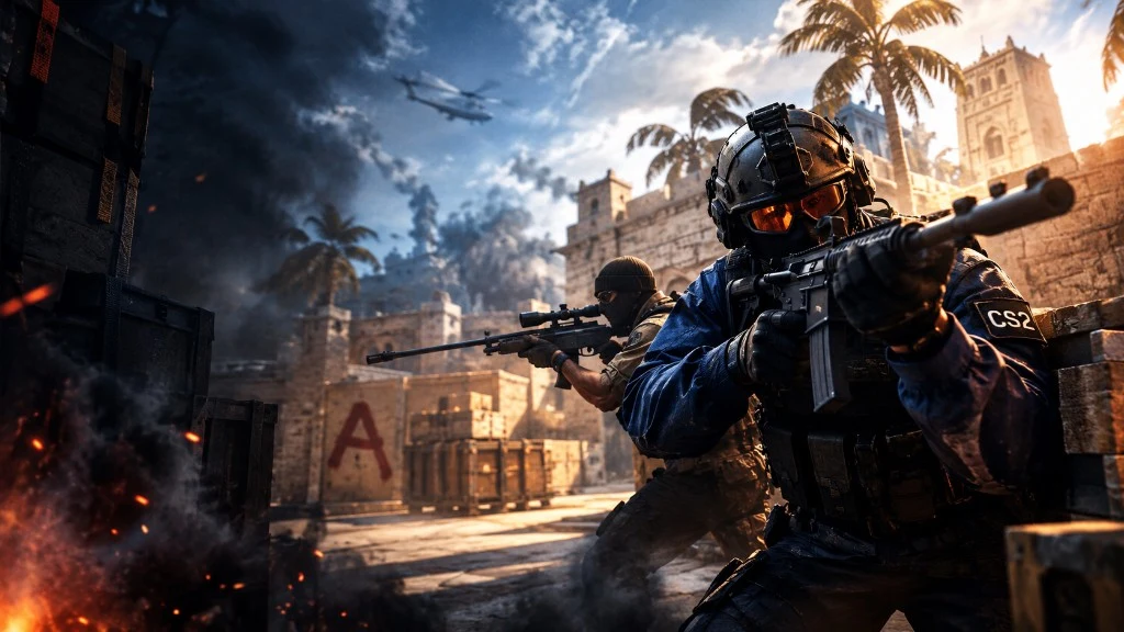 Counter-Strike 2 tactical operators in a desert map firefight — CS2 cheats hero