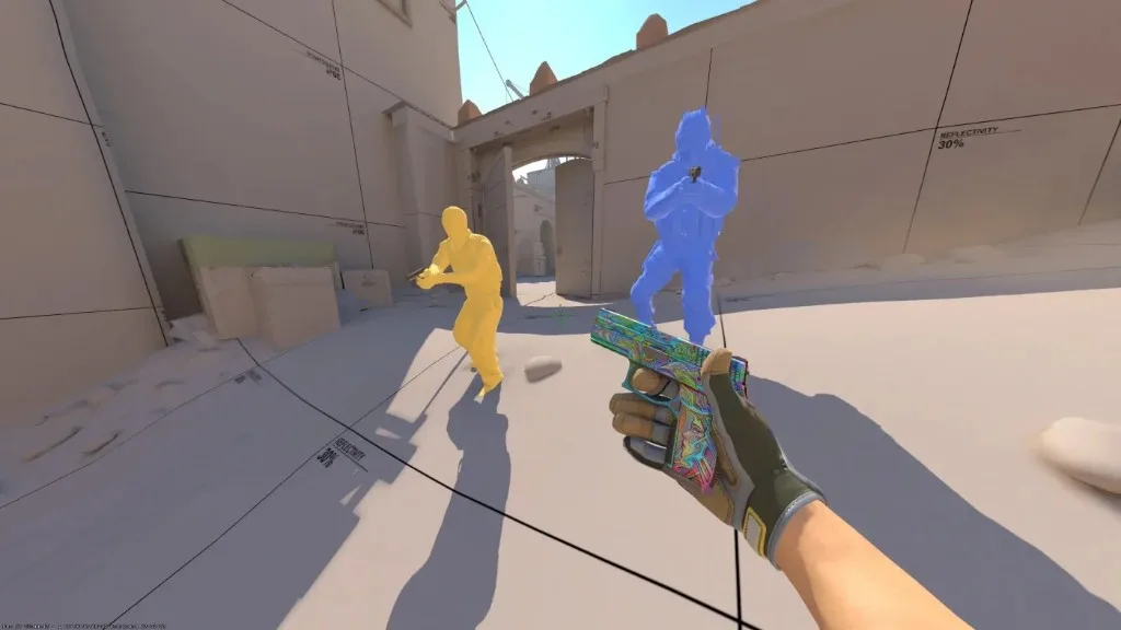 CS2 player ESP with yellow and blue chams on a pistol round